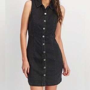 Women Sleeveless Solid Denim Shirt Dress, Black